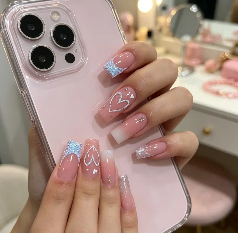 Glitter French Tip Medium Square Press On Nails Nude Pink Gradient White Hollow Heart Pattern Rhinestone Accent Sweet Romantic Style Reusable Fake Nails