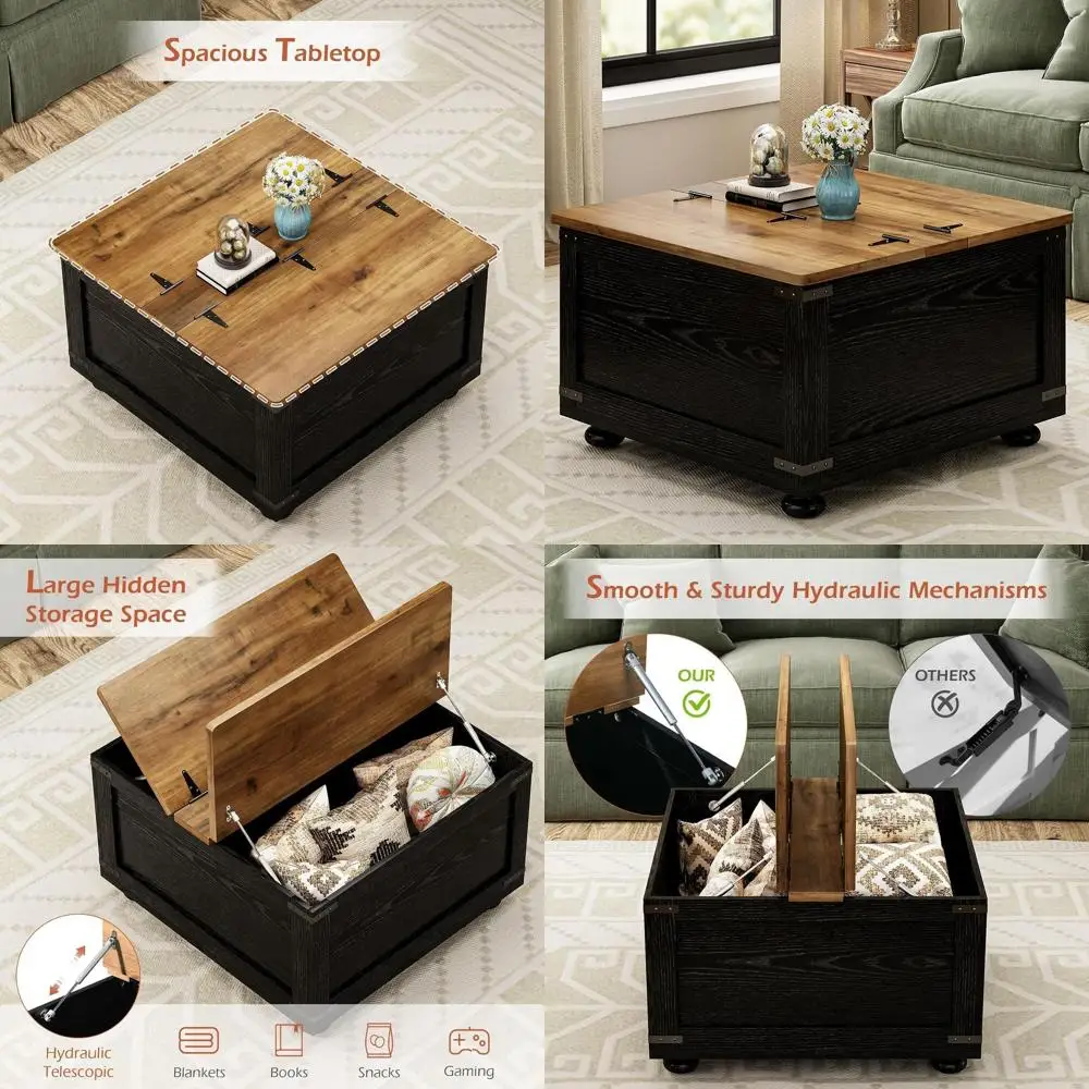 

Журнальный столик с подъемником для хранения, квадратный стол для гостиной с деревянным основанием и гидравлическим подъемником (черный)