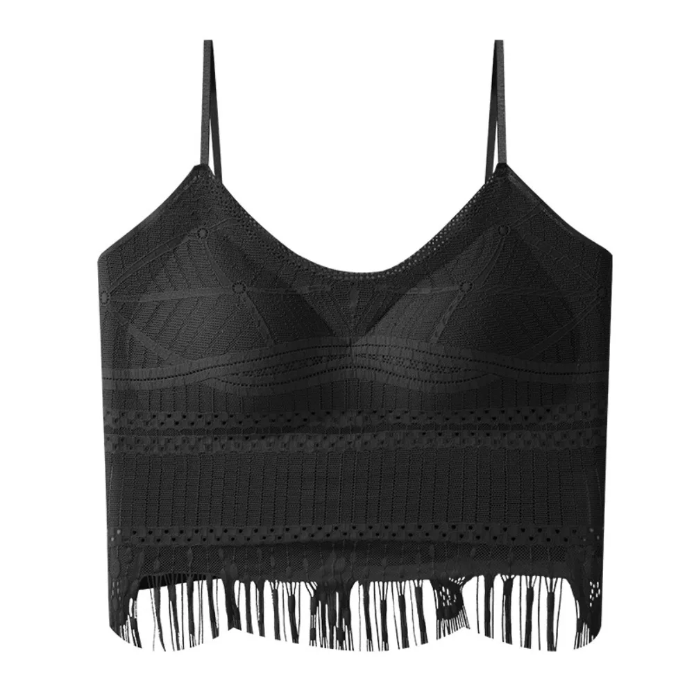 

Ins Fashion With Chest Cushion Ice Silk Camisole Non Trace Solid Color Tassel Lace Corset Streetwear Tanks Crop Tops Daily