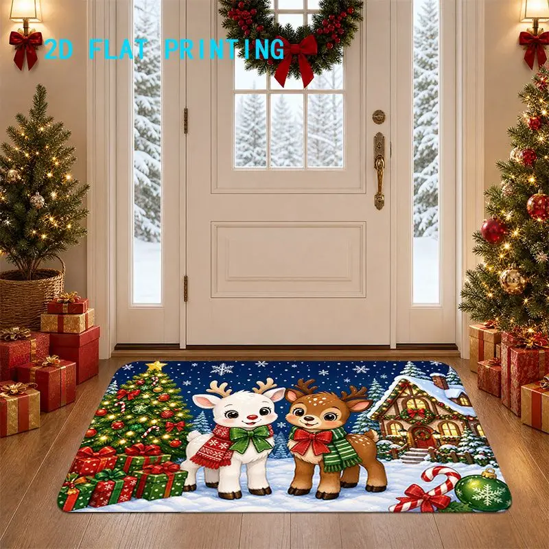 VIKAMA Christmas Deer Doormat Two Fawns in Night Sky Snowflakes Tree Candy Cane Welcome Mat Entryway Rug Xmas Decor