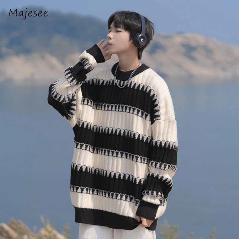 Striped Sweaters Men Contrast Color Slouchy Advanced Teenagers Japanese Style Hipster All-match Males Knitwear Pullovers Autumn