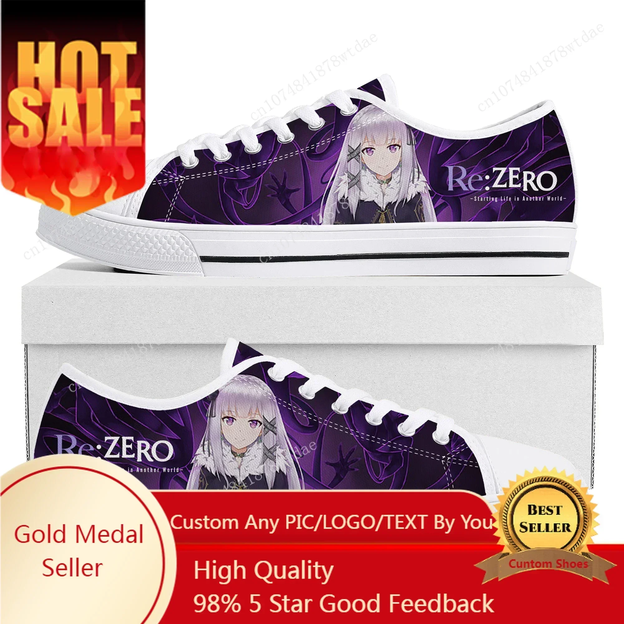 Re:Zero, baskets basses pour femmes et hommes, baskets en toile de haute qualité Emilia, chaussures personnalisées pour couples, inspirées des mangas et des bandes dessinées d'anime.
