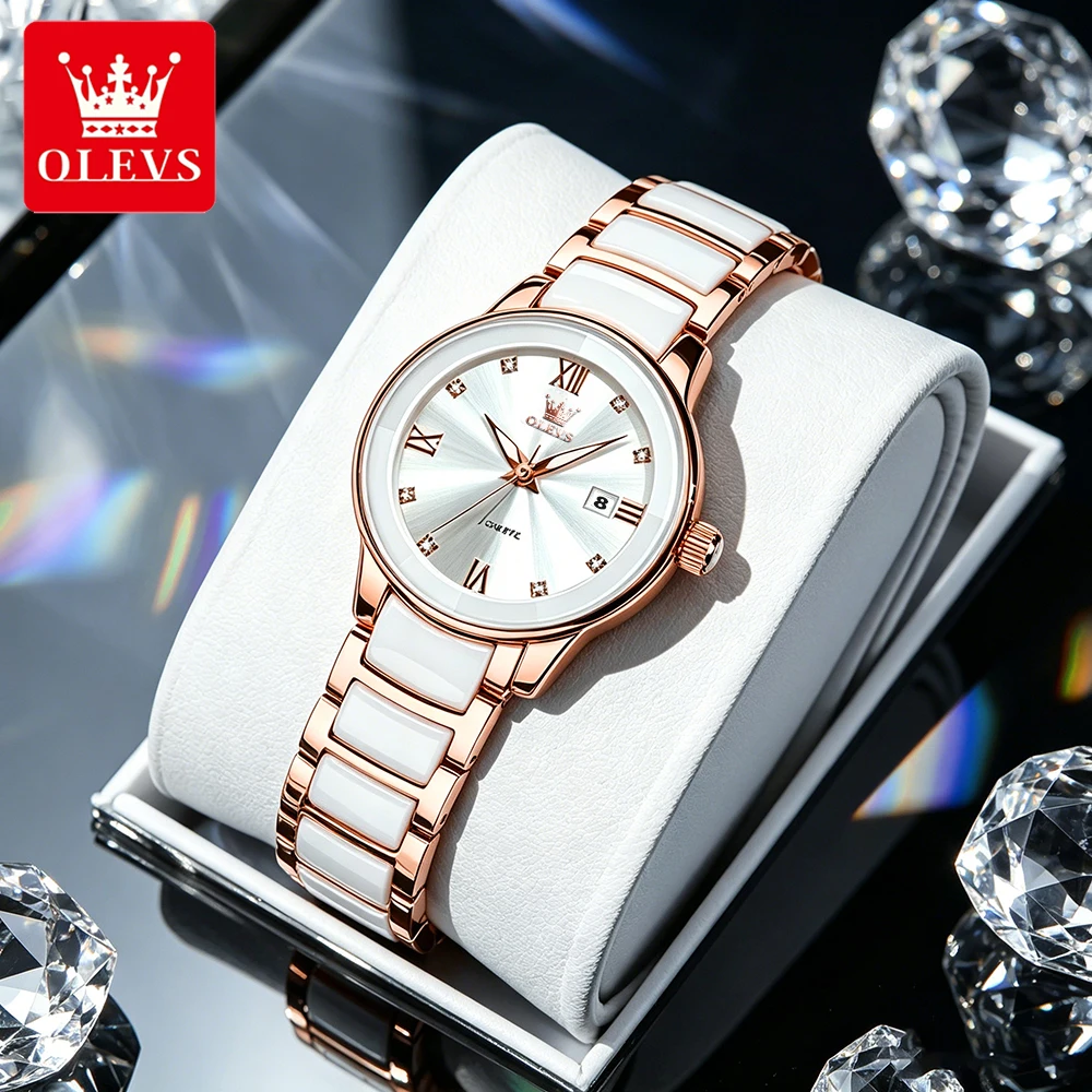 

OLEVS Women's Watches Luxury Elegant Steel Ceramic Strap Original Quartz Wristwatch Necklace and Bracelet Gift Box Fashion Dress