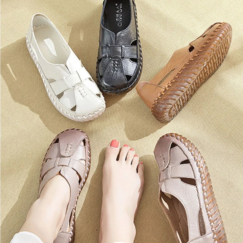 Soft Sole Mum Sandals Women Summer Flats Comfortable Non-slip Loafers Breathable Solid Colour Walking Shoes Sapatenis Feminino