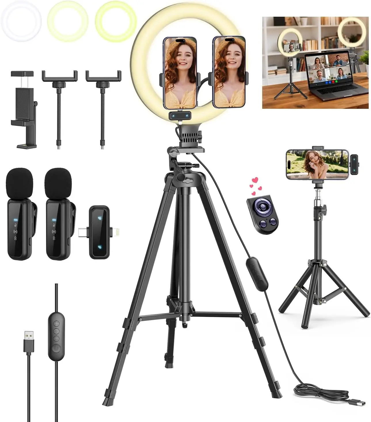 Kit for iPhone/Android, 10'' Selfie Ring Light with Stand, 57'' Extendable Tripod, Desktop Tripod, Wireless Microphone -