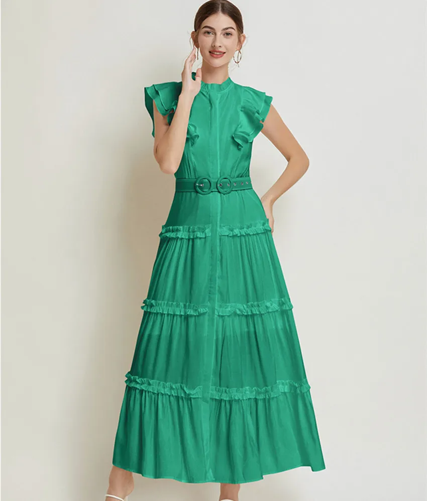 Elegant Women's Stand Collar Zipper Holiday Beach Long Dress Runway Summer Green Flying Sleeve Ruffles Loose Long Robe With Belt