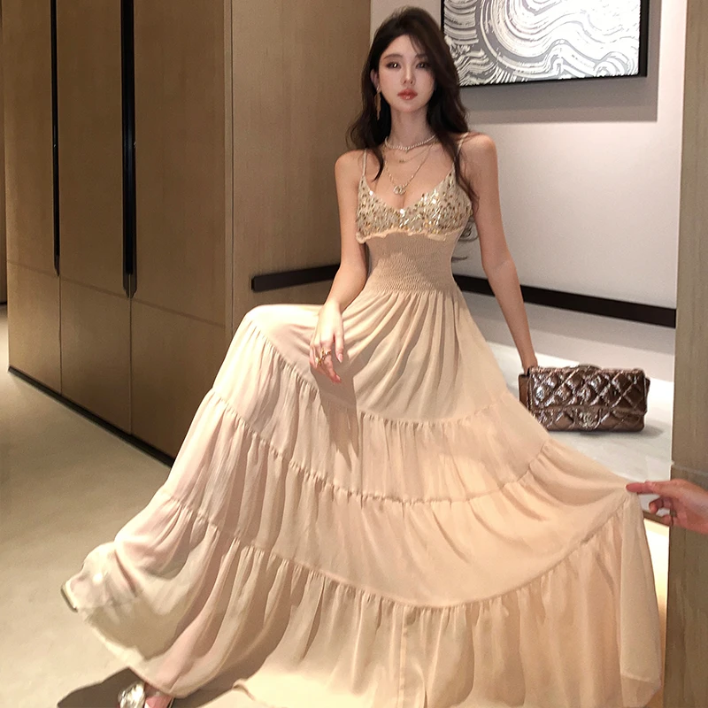 French Style Sequin Spaghetti Strap Dress Women, Summer Pleated Gentle Style Long Dress, Backless Waist-Cinching A-Li