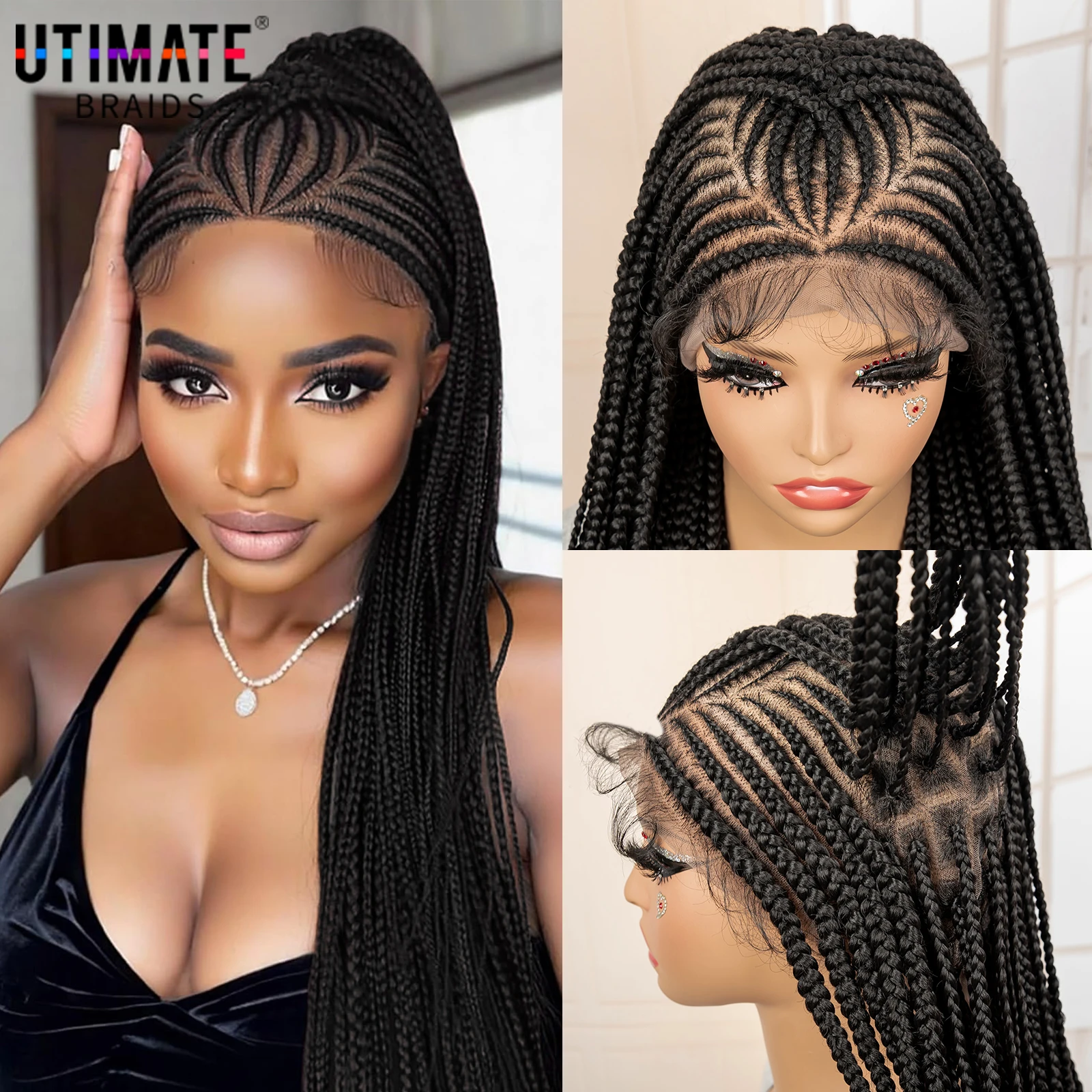 Full Lace Synthetic Cornrow Knotless Box Braided Wigs 34 Inches 360 Lace Braids Wigs African Hair Wig for Black Women