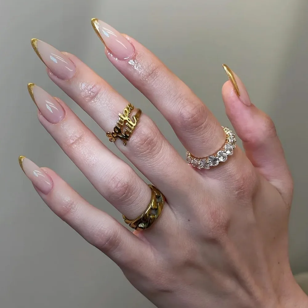 

24pcs French Gold Border Press on Nails Simple Almond Fake Nails Full Cover Wearable False Nails
