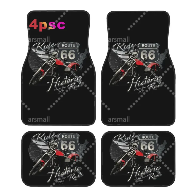 Route 66 Motorcycle Biker Car Floor Mats of 4 Pieces Crystal Velvet Carpets Rugs Universal Car Front Rear Carpets Foot Mats