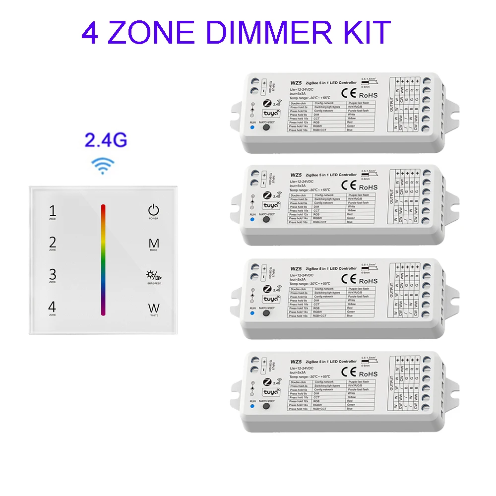 

4 Zone LED Dimming KIT 2.4G Ultra Sensitive Glass Touch Panel Controller ZigBee RF 5 in1 LED 24V 12V APP Smart Control Dimmer