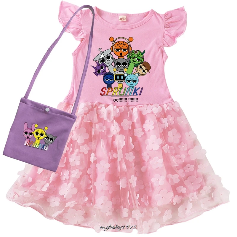 New Lovely Sprunki World Clothes Kids Cartoon Dress Baby Girls Short Sleeve Evening Dresses Children Princess Vestidos And Bag