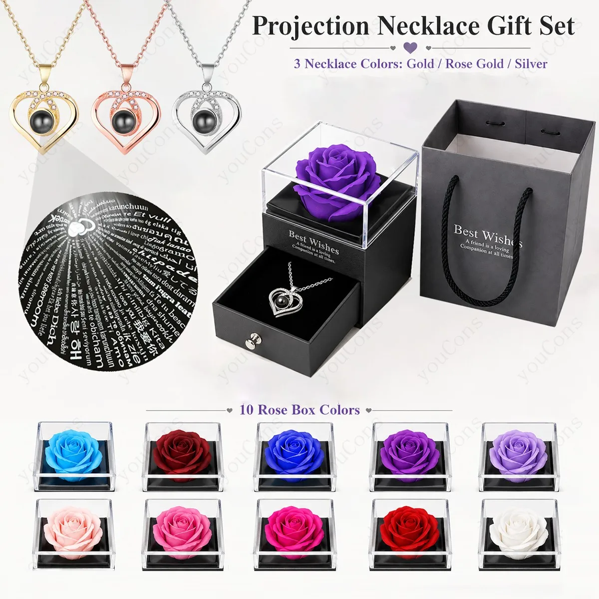 100 Languages I Love You Projection Necklace Heart Pendant With Multi Color Rose Gift Box Stainless Steel Chain Valentine's Day