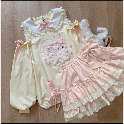 Conjuntos de 2 piezas de Lolita japonesa para mujer, camisetas con bonito lazo de conejito de dibujos animados y hombros descubiertos, minifaldas de pastel rosa, trajes Kawaii Y2k