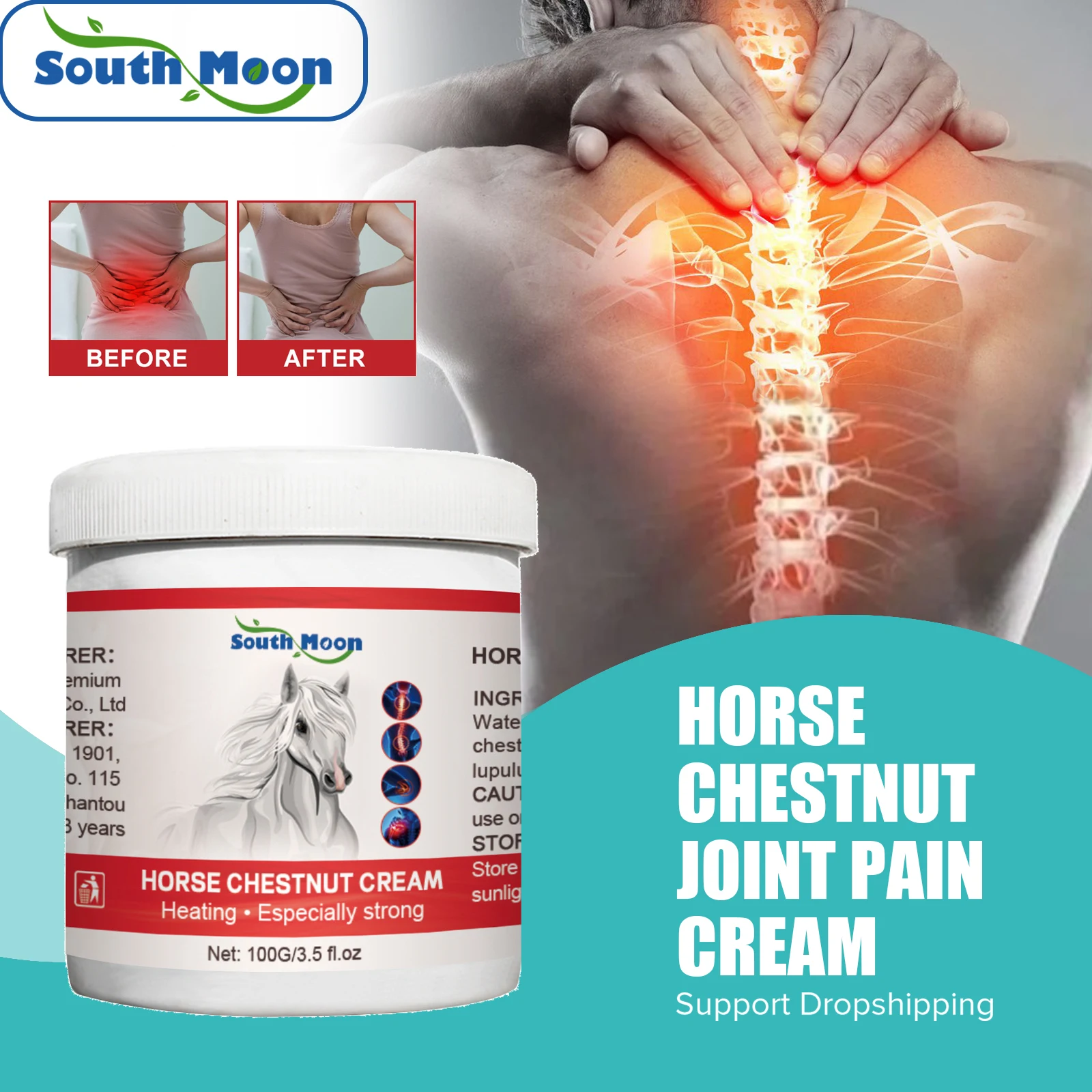 Crema para aliviar el dolor de castañas y caballos de South Moon para recuperación muscular, tratamiento de artritis reumatoide, ungüentos para el cuidado de la salud de las articulaciones de la rodilla