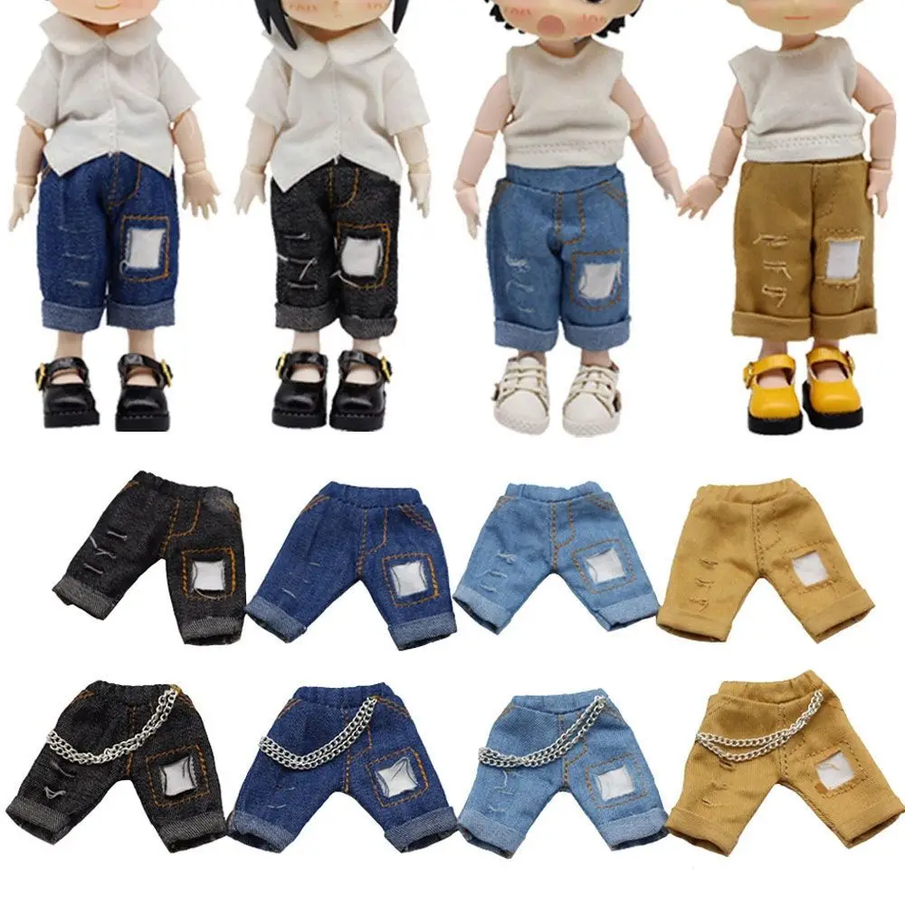 1/12 Doll Clothes Fashion OB11 Doll Tops Hoodies PU Leather Jacket Chain Jeans Shorts Denim Trousers For 12~16cm Dolls Accessory