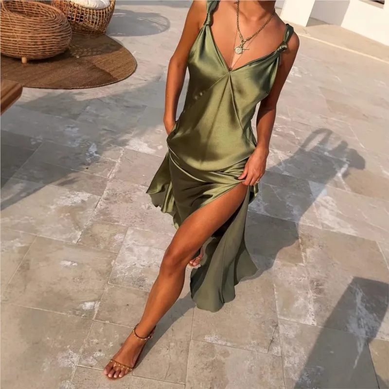 

Sexy Satin High Split Party Dress Women Slim Fit Backless Sleeveless Deep V-neck Evening Club Summer Vacation Dresses Female