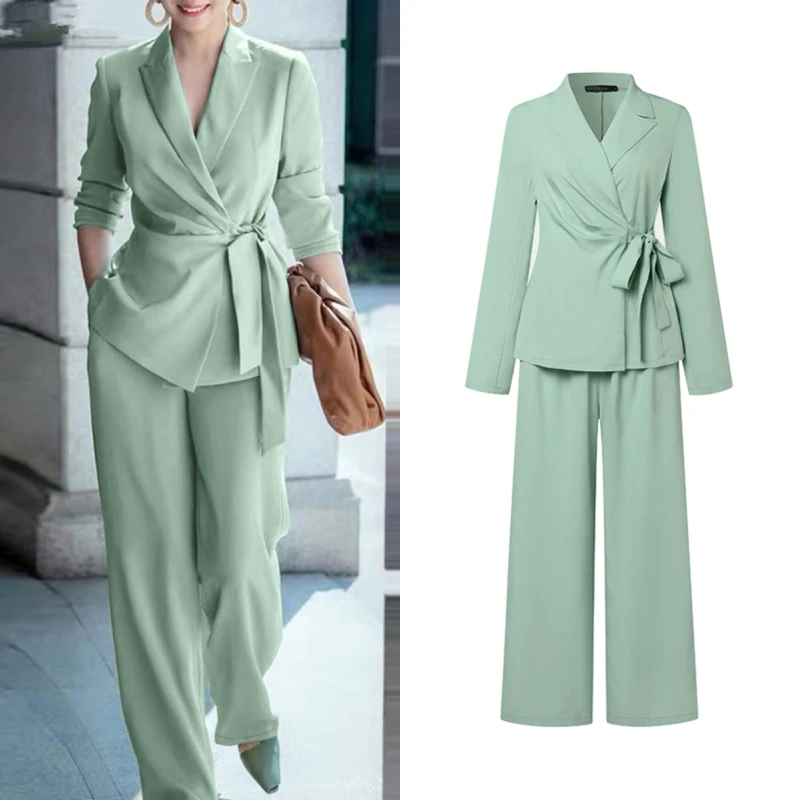 ZANZEA Elegante Hosenanzüge für Damen, Wickeloberteil mit gebundener Taille und Hose mit weitem Bein, 2-teiliges Set, minimalistisches Outfit für den Büro- und Arbeitsweg