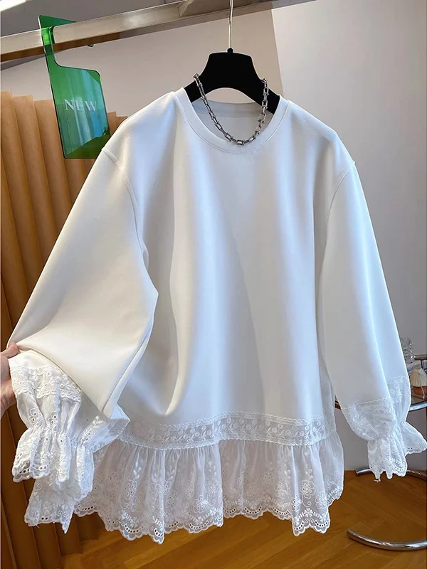 

plus Size Lace Trim T-irt Women's Loose Long Sve round Ne Spring New Sle Comfortable Breathable Cotton Polyester Blend