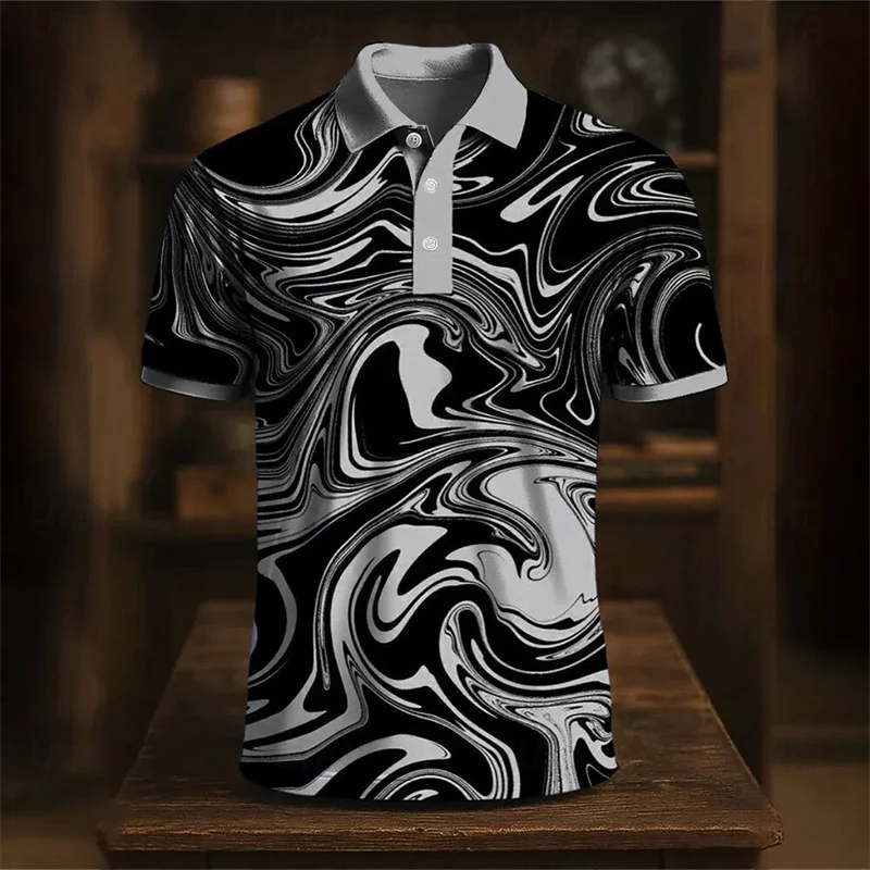 Geometrisches klassisches Poloshirt Herrenmode Kleidung Revers-Knopfhemd 3D-Karomuster bedrucktes Farbtop – Detail 7
