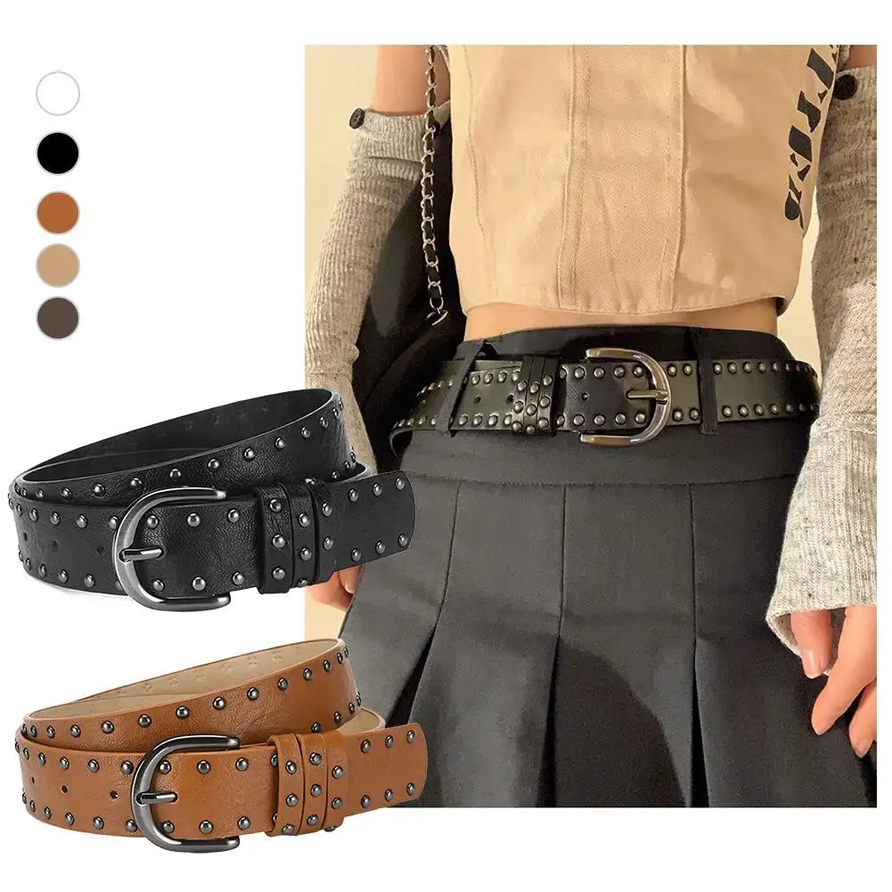 حزام عريض فاسق مع ترصيع دائري للرجال والنساء، حزام جلد البقر الغربي العتيق للجينز، حزام ريترو بانك روك القوطي #1