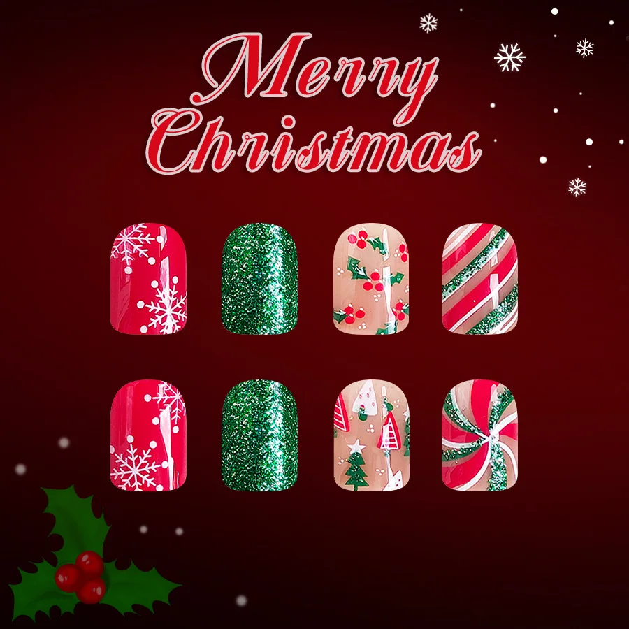 Short Square Glossy Press On Nails 24Pcs Christmas 2025 New Design Snowflake Tree Stripes Red Green Glitter