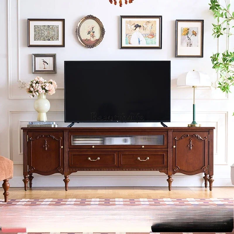 

FG10American retro cherry solid wood carving flower TV cabinet living room black walnut audio-visual cabinetL