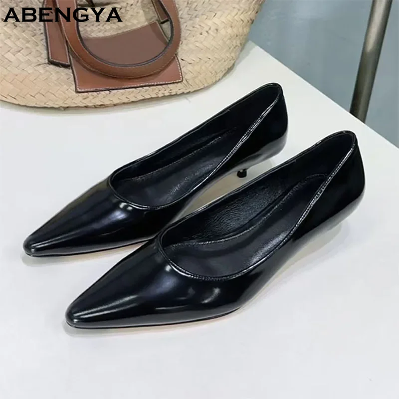 

2025 Hot Sale Black Leather Shoes Woman Pointy Toe kitten High Heels Mules Dress Shoes Sexy Party Banquet Shoes For Women Mujer
