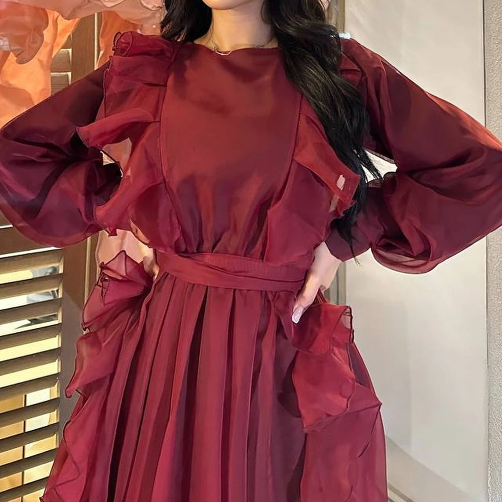 Chiffon Long Sleeves O-neck Floor Length Straight Evening Dress Sweep Train Buttons Temperament Photo Color Saudi Arabia 2024