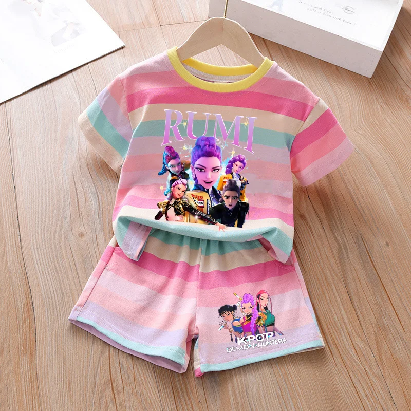 

KPop Demon Hunters Girls Cartoon T-shirt Cute Tee Shorts Set Summer Clothing Kids Short Sleeve Tops Casual Pants Home Wear Gift