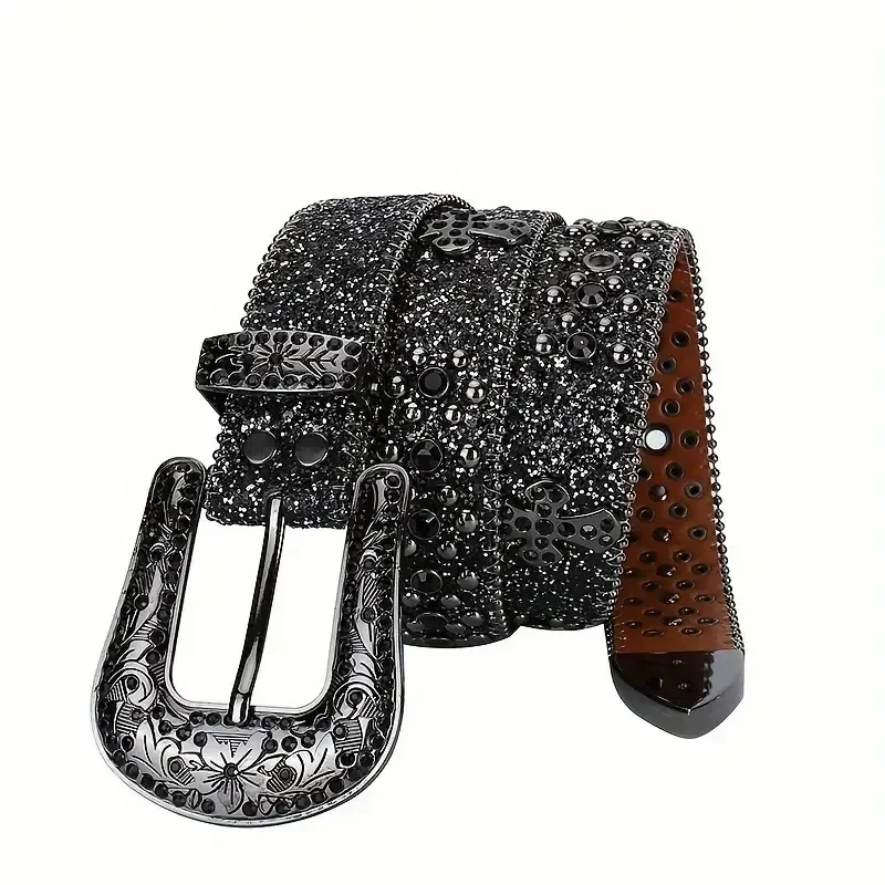 Luxury Designer Punk Men Women BB Western Rhinestone Belts Cross Studded Sparkly Belt Y2K PU Leather Belt