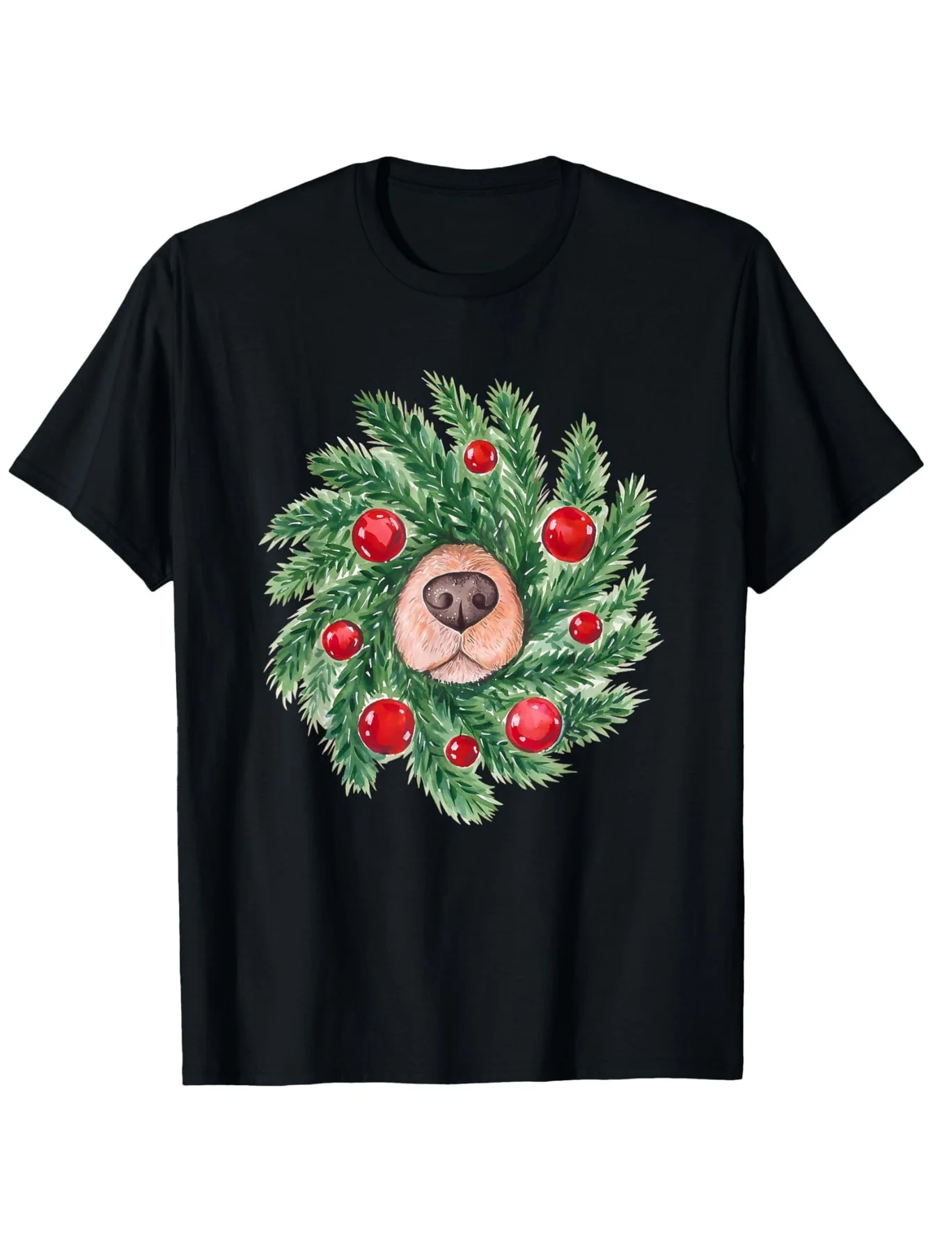 

Men's Christmas Dog Nose Wreath Graphic T-Shirt - 100% Cotton, 180g, Crew Neck, Moisture-Wicking, Casual Holiday Tee for Dog