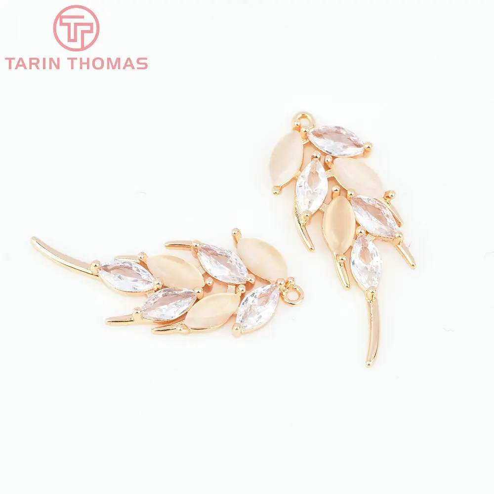 (7139) 4PCS 11x27MM 24K Gold Color Brass with Zircon Feather Charms Pendants Jewelry Making Findings Accessories Wholesale