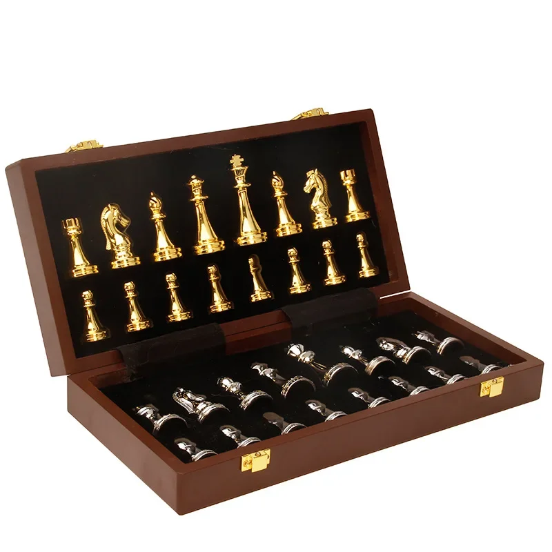 Buy! Retro Metal Chess Set With Folding Magnetic Box Wooden Chess Board Handmade Standard Pieces Metal Chess Set For Kids Adult