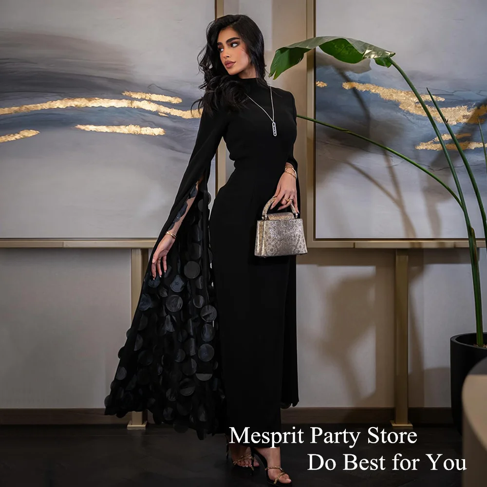 Customized Saudi Evening Dress 2025 High Neck Long Sleeve Simple Ankle Length Sheath Black Prom Dresses Formal Occasion Gown