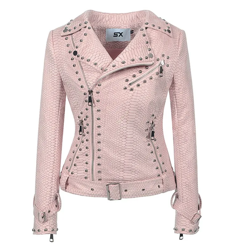 2025 nuevas chaquetas de tela de gamuza con remaches Punk de otoño e invierno para mujer, abrigo rosa serpentino a la moda, chaqueta de cuero con cremallera y solapa