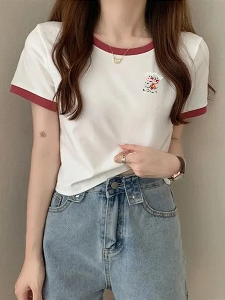 Modische Patchwork-T-Shirts für Damen, Basic-Tee, Lässige Oversize-Tops, Hochwertige Unisex-Kurzarm-T-Shirts, Mädchen-Sommerkleidung, Oberteile