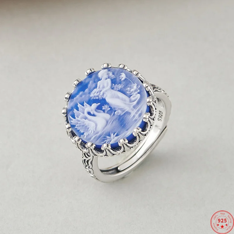 

S925 Sterling Silver Rings for Women Men Retro Eternal Rattan Inlaid Blue Agate Relief Swan Fashion Cameo Jewelry Wholesale