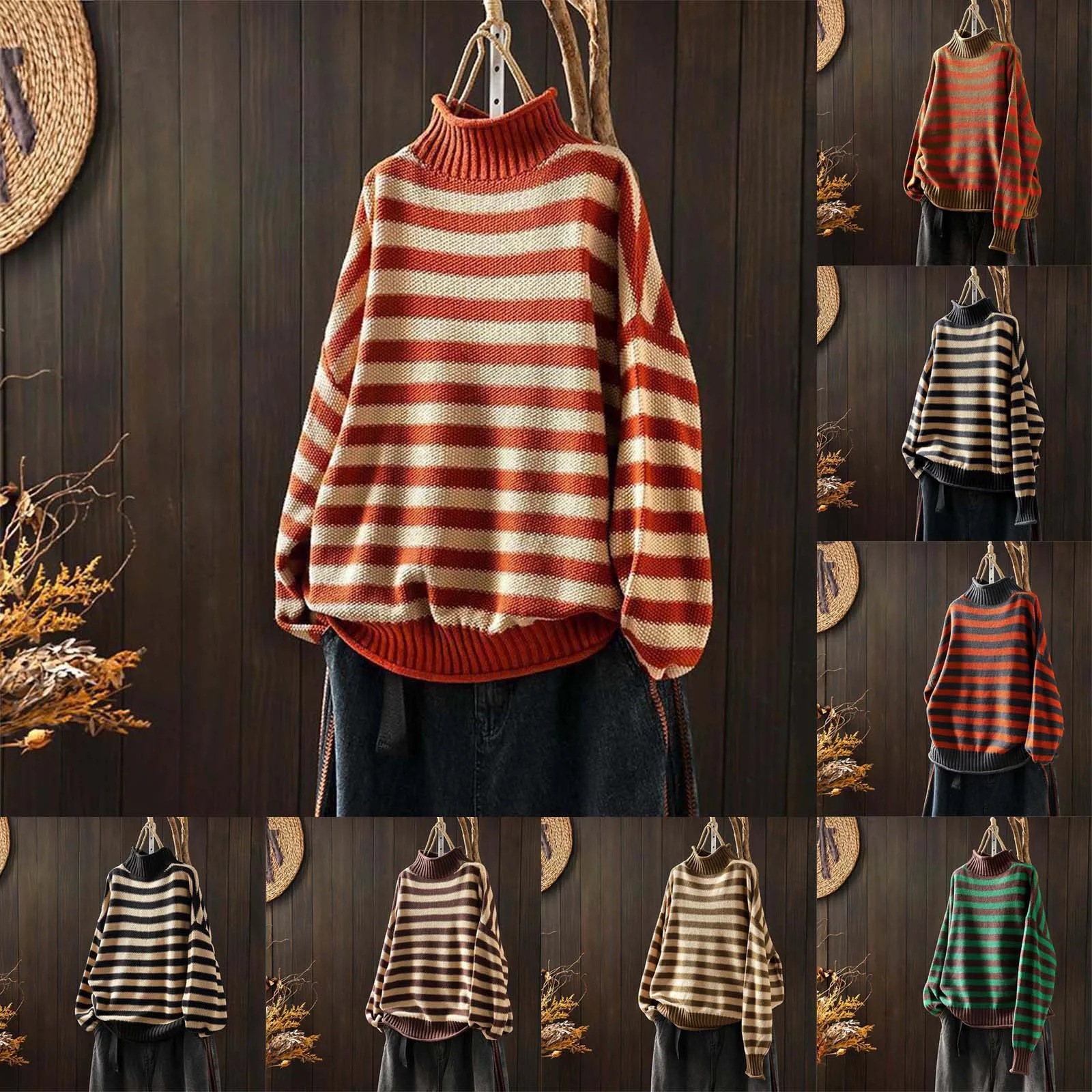 Women's Retro Striped Contrast Half Knitted Oversized Sweater Women Thin Turtleneck Sweaters for Women Mock Turtleneck Women 2x