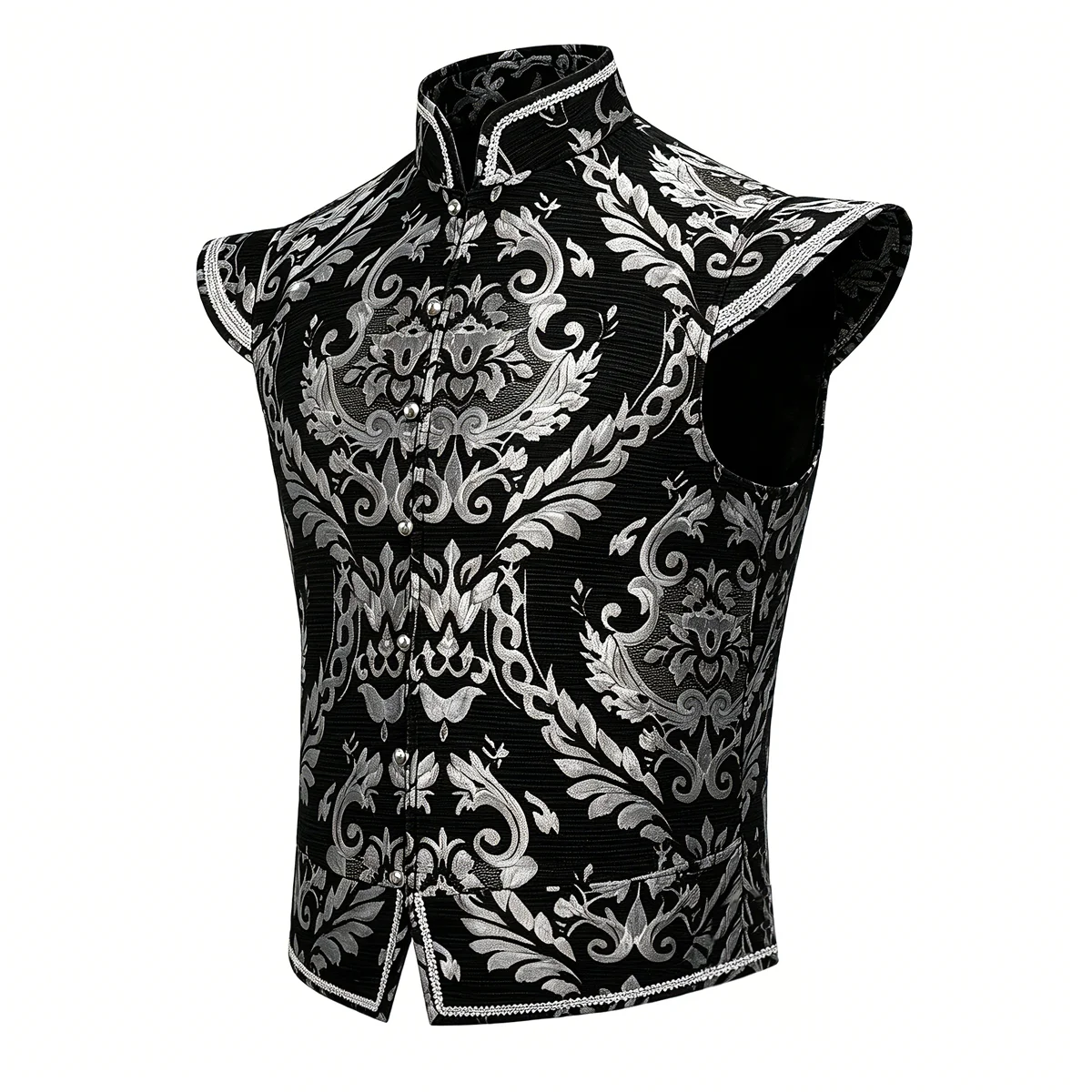 Chaleco gótico de hombre con estampado jacquard, estilo victoriano, con cuello alto, sin mangas, ideal para disfraces de Halloween y cosplay.