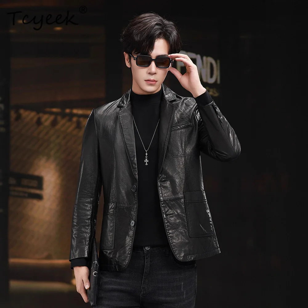 

Tcyeek Oil Wax Cowhide Genuine Leather Jacket Men Clothes 2025 Spring Autumn Mens Coats Suit Jackets Trendy Jaqueta De Couro