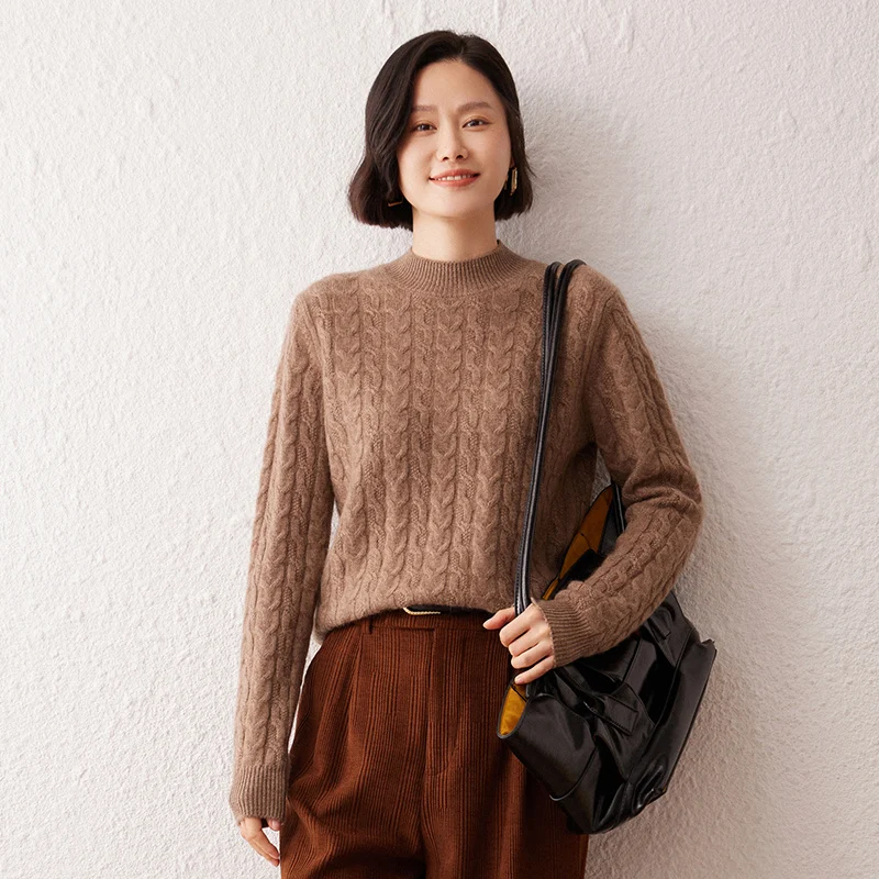 100% سترة الكشمير المعنقة نصف الياقة المدورة المرأة البلوز سترة الخريف الشتاء جديد الثقيلة الحرفية كابل متماسكة سترة طويلة الأكمام #4