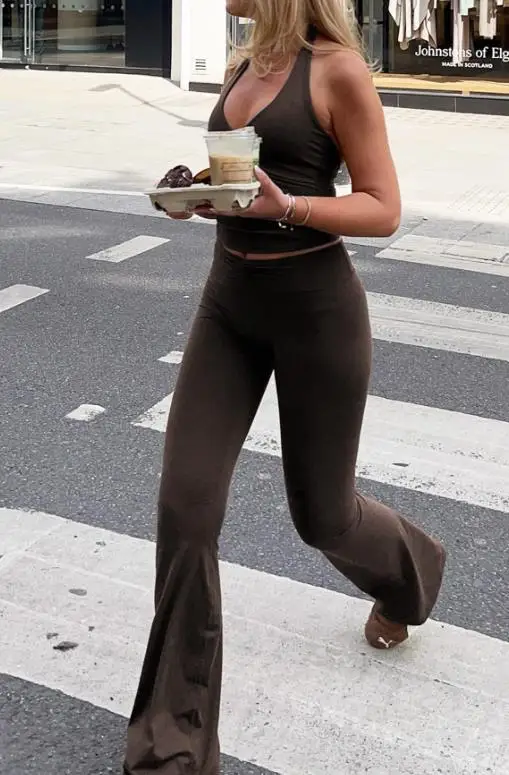 

Summer New Sports Style Women's 2-Piece Solid Color Simple V-Neck Backless Hanging Neck Vest Low Waist Bell Bottom Pants Set