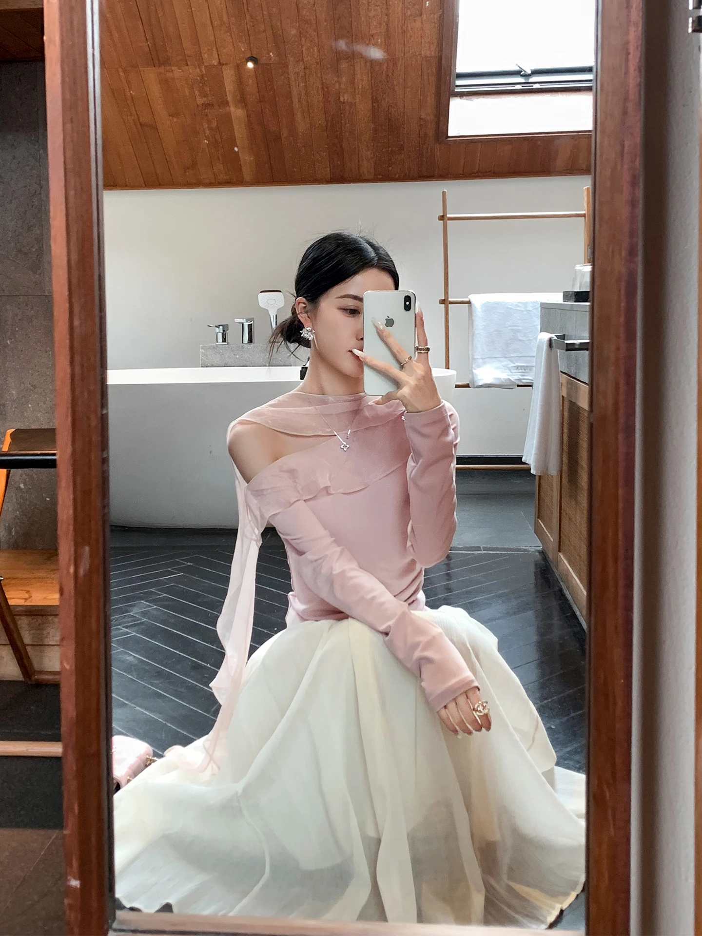 

Elegant Pink Knitted Sweater with Sashes Shoulder Bared Design for Women Spring New Style Slimming Top by BINGUO