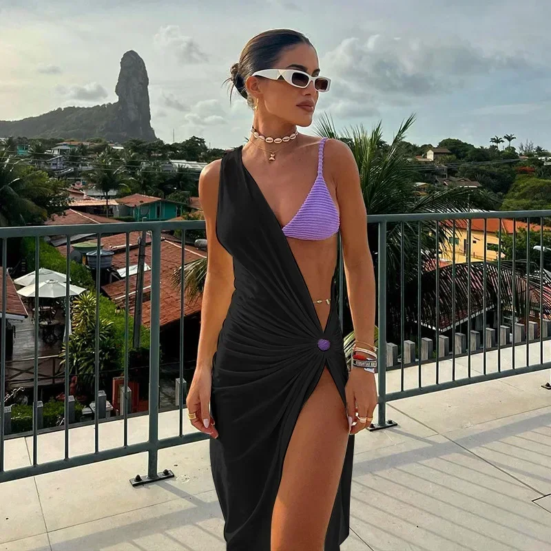 2024 One-shoulder Asymmetric Black White Beach Dress Midi Beach Cover up Woman Swimwear Bikini Tunic Beachwear Outfit