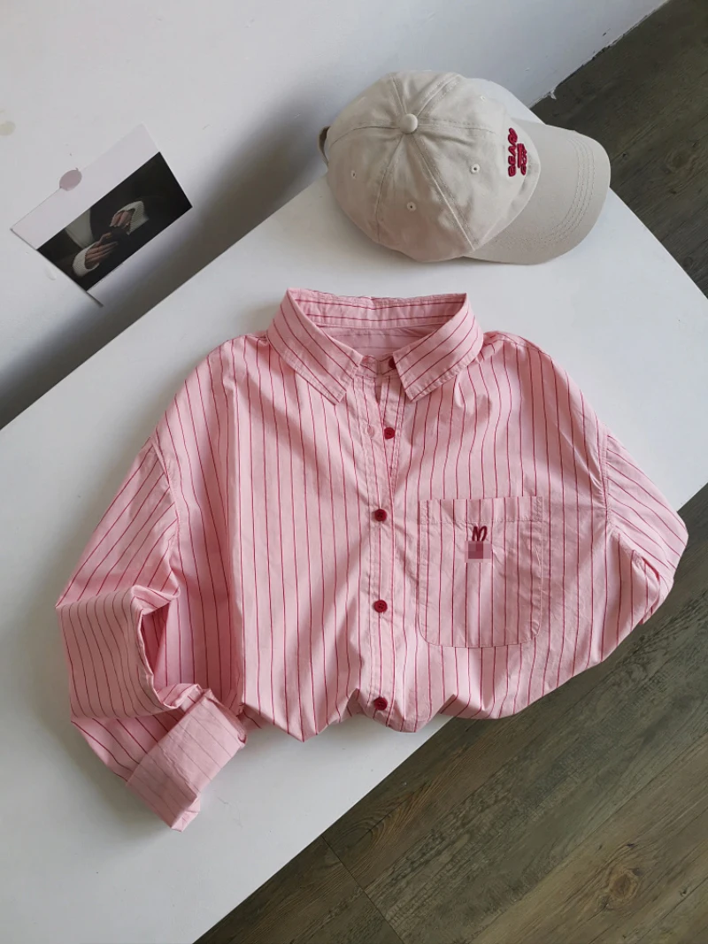 Bomon 2024 Spring and Autumn Korean niche design pocket embroidery polo collar pink vertical striped long sleeve shirt woman