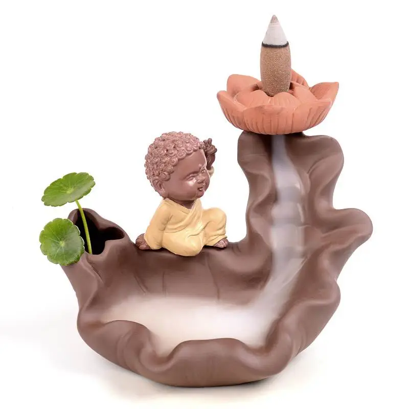 

Керамическая курильница «Маленький монах Будда», домашний декор, лист, дым, держатель для конусов для благовоний с обратным потоком