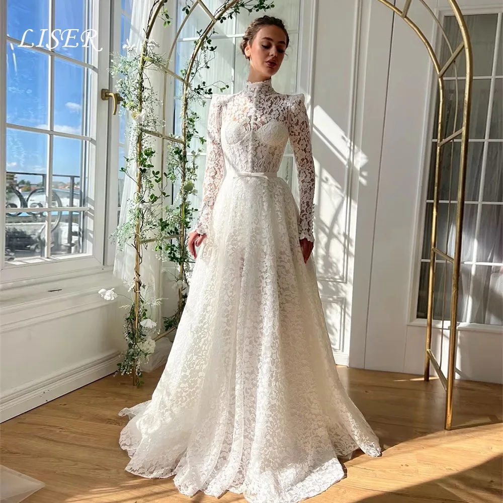 Liser Luxury Wedding Dress High Neck Buttons Full Sleeves Floor Length Lace A-Line Robe De Mariée Customized Bridal Gown 2026