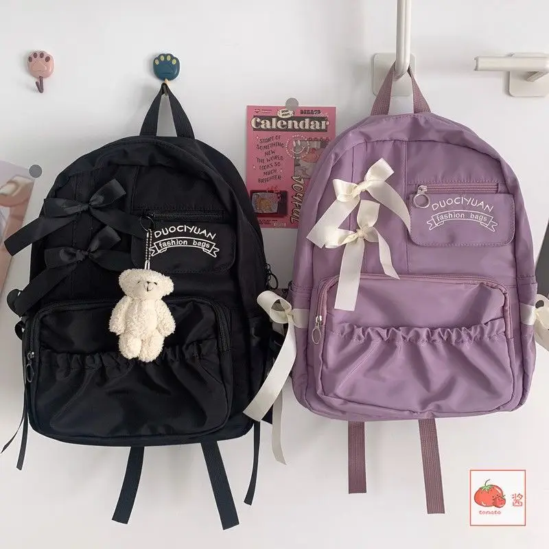 Lovely Bowknot All-match Backpack Forwomen Casual Japanese Style Lolita Zipper Soft Handle School Backpack for College Students