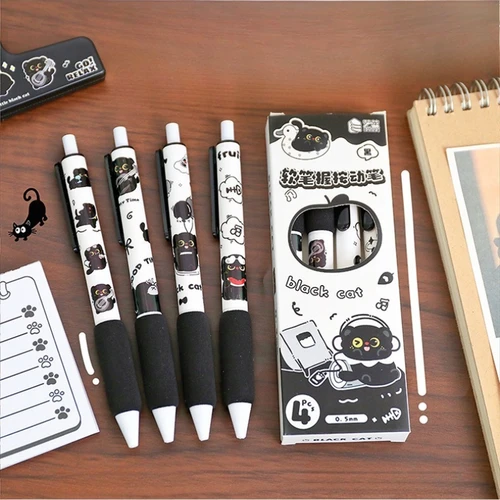 4 unids/caja Kawaii bolígrafo de Gel de gato negro de dibujos animados bolígrafo de escritura de tinta negra punta de bolígrafo ST de 0,5mm papelería para estudiantes suministros escolares bonitos